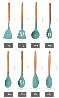 Set di utensili da cucina in silicone da 12 pezzi con resistenza alle alte temperature e maniglia di quercia